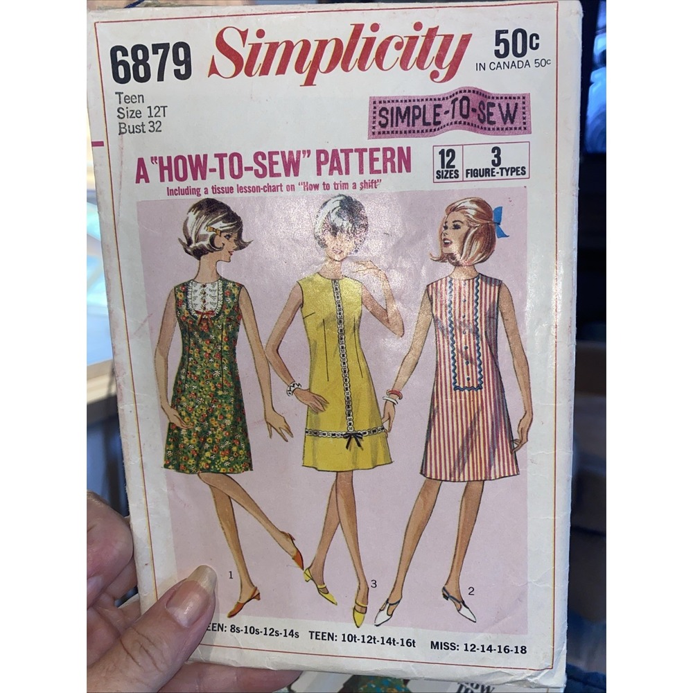 Vintage 60s Simplicity 6879 Dress Sewing Pattern Size Teen 12 Bust 32 Cut